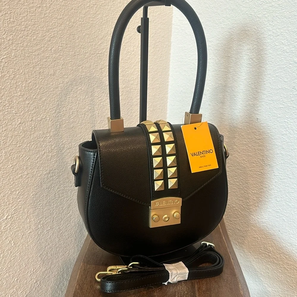 Authentic!Valentino By Mario Valentino Black Arletty Rockstud Leather Saddle New - Picture 1 of 12